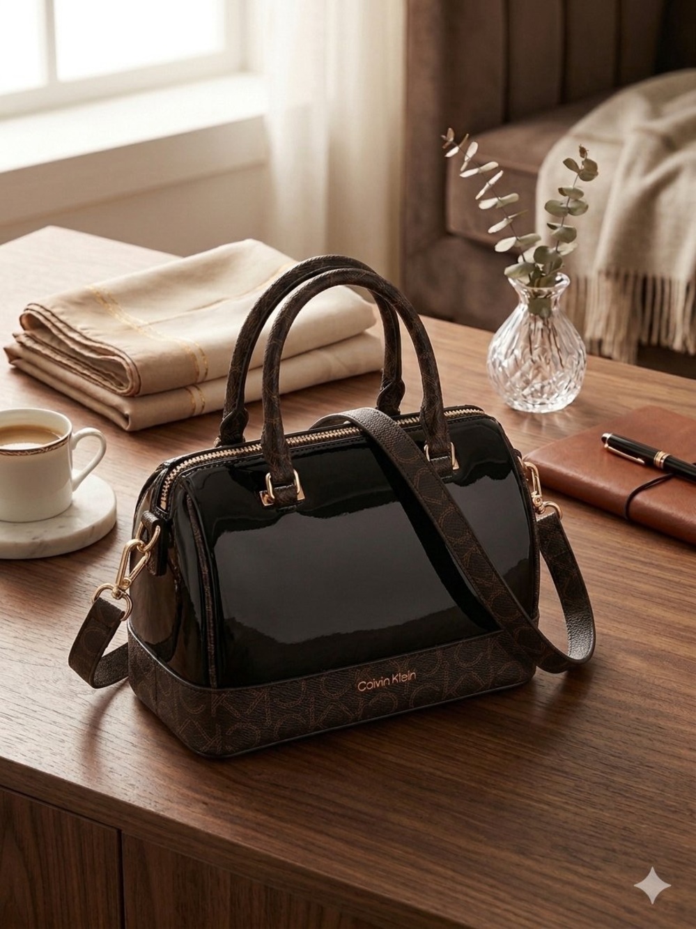Calvin Klein Black Patent Dome Satchel with Brown Monogram Trim